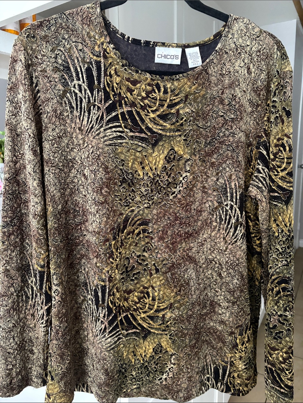 Chico's Long Sleeve Metallic Swirl Top in Brown and Gold